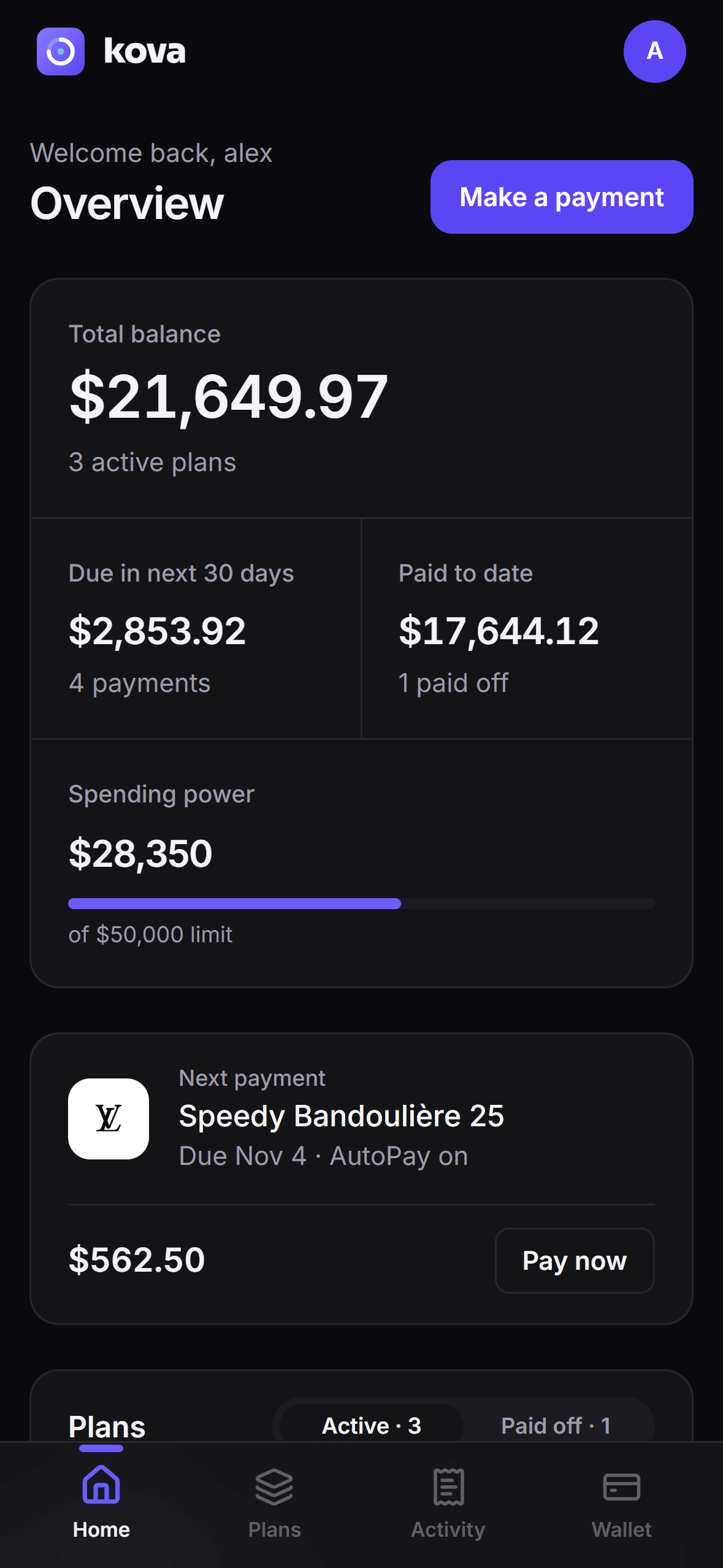 Kova’s home screen: a $21,649.97 total balance across three active plans, spending power, and the next AutoPay payment